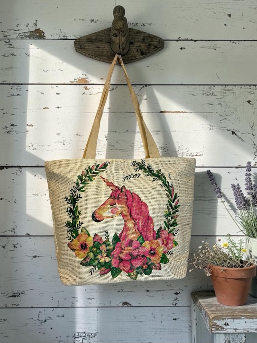 Large Unicorn Floral Jute Burlap Tote Bag Zip Top Lined Whimsical Cottagecore